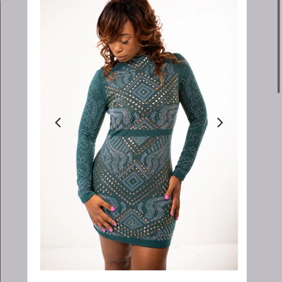 XTaren Teal Green Long Sleeve Quilted Dress Gold and Silver Stones Size Large - Picture 16 of 16